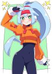  1girl absurdres ashe_(mega_man) black_bodysuit blue_hair blush bodysuit bottomless buzzlyears covered_navel cropped_jacket green_background green_eyes high_ponytail highres light_blue_hair long_hair looking_at_viewer mega_man_(series) mega_man_zx mega_man_zx_advent navel simple_background solo 