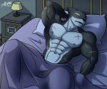abs absurd_res alkan anthro bedding bedroom belmon_(character) big_pecs black_body cetacean clothed clothing dolphin eyes_closed hands_behind_head hi_res invalid_tag male mammal marine moobs multicolored_body muscular muscular_anthro muscular_male navel nipples oceanic_dolphin open_mouth orca pecs scar sleeping solo toothed_whale topless topless_anthro topless_male two_tone_body white_body