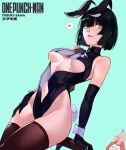  1girl animal_ears black_hair cesar_art456 cuffs elbow_gloves fubuki_(one-punch_man) gloves green_eyes highres looking_back one-punch_man playboy_bunny rabbit_ears rabbit_tail red_lips saitama_(one-punch_man) short_hair simple_background solo tail thighhighs underbust 