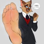 anthro black_tie_(suit) blue_eyes blush clothing combover dialogue domestic_cat feet felid feline felis first_person_view foot_fetish foot_focus fur grey_background humanoid_feet imminent_stepping lackadaisy male mammal musk musk_clouds plantigrade ryanmakana sedgewick_sable simple_background smile smirk soles solo speech_bubble suit tan_body tan_fur toes webcomic