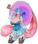  1girl adapted_costume bare_shoulders blue_eyes blue_hair blue_skirt blue_vest breasts commentary cowboy_shot greenm heterochromia highres holding holding_umbrella huge_breasts medium_hair pink_umbrella red_eyes simple_background skirt solo tatara_kogasa thighs tongue tongue_out touhou umbrella vest white_background 
