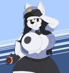 absurd_res anthro areola big_breasts breasts canid canine canis clothing dessert domestic_dog doughnut female food hi_res huge_breasts mammal officer_pai_(miso_souperstar) one_breast_out police_officer police_uniform shirt solo thespeedyraisin topwear unbuttoned_shirt uniform