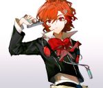  1girl absurdres arm_up black_jacket bow bowtie collared_shirt evoker gradient_background gun gun_to_head hair_ornament handgun headphones highres hikawayunn jacket long_sleeves looking_at_viewer orange_hair parted_lips persona persona_3 persona_3_portable popped_collar red_bow red_bowtie red_eyes shiomi_kotone shirt short_hair solo upper_body weapon white_shirt x_hair_ornament 