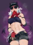  1girl black_headwear black_shorts gloves helltaker justice_(helltaker) long_hair looking_at_viewer navel nipples official_alternate_costume panties red_gloves shorts steaming_body sunglasses tsukudani_(coke-buta) underwear white_hair 