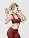  1girl bare_shoulders blonde_hair commission crop_top fire_emblem fire_emblem_fates freckles highres looking_at_viewer midriff navel one_eye_closed red_eyes rotomdocs scarlet_(fire_emblem) sleeveless smile sportswear w 