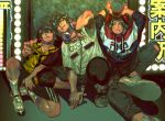  bad_id bad_pixiv_id bangs baseball_cap black_hair brothers choker closed_mouth crotch_grab dekucha_kawaii fila gucci hat headphones headphones_around_neck heterochromia hood hoodie hypnosis_mic jewelry male_focus mole mole_under_eye multiple_boys parted_bangs ring road shoes short_sleeves shorts siblings sign sitting smirk sneakers socks squatting street thumb_ring white_footwear white_legwear yamada_ichirou_(hypnosis_mic) yamada_jirou yamada_saburou 