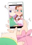  2girls :&lt; blue_eyes blush brown_hair cheek-to-cheek child closed_mouth cosplay costume_switch dress embarrassed flower green_eyes green_shirt hair_flower hair_ornament heads_together highres holding holding_phone kanna_kamui kobayashi-san_chi_no_maidragon long_hair medium_hair multiple_girls one_eye_closed phone pink_dress pink_hair saikawa_riko samansa_ex selfie shirt simple_background wavy_mouth white_background wide-eyed 