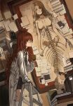  1girl absurdres anatomy black_necktie book closed_eyes cup drawing_(object) globe gold_can highres holding holding_cup lab_coat ladder long_hair mermaid monster_girl necktie note on_ladder orange_hair original skeleton solo 
