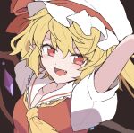  1girl blonde_hair breasts close-up collared_shirt crystal fang flandre_scarlet frilled_shirt_collar frills hat hat_ribbon looking_at_viewer mob_cap neckerchief nojima_minami one_side_up open_mouth pointy_ears red_ribbon red_vest ribbon shirt small_breasts solo touhou vest white_headwear white_shirt wings yellow_neckerchief 