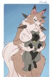 ambiguous_gender anthro biped blue_eyes breasts brown_body brown_fur duo eyelashes female fur generation_7_pokemon goolee grey_body grey_fur lycanroc nintendo pokemon pokemon_(species) simple_background size_difference