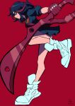  1girl absurdres black_hair blue_shirt blue_skirt closed_mouth from_side full_body gloves highres holding holding_sword holding_weapon ida_(idalol490) kill_la_kill leg_up looking_at_viewer looking_to_the_side matoi_ryuuko multicolored_hair red_background red_gloves red_hair scissor_blade_(kill_la_kill) shirt shoes short_hair skirt solo sword two-tone_hair weapon white_footwear 