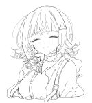  1girl backpack bag blush breasts closed_eyes closed_mouth collared_shirt danganronpa_(series) danganronpa_2:_goodbye_despair dress_shirt facing_viewer greyscale highres hood hood_down jacket large_breasts medium_hair monochrome nanami_chiaki neck_ribbon open_clothes open_jacket pote_(pote_39) ribbon shirt solo tetris_hair_ornament 