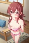  1girl :o accidental_exposure ahoge arms_behind_back blush bra breasts collarbone commentary_request crossed_bangs feet_out_of_frame hangaku_banana highres idolmaster idolmaster_shiny_colors indoors komiya_kaho looking_at_viewer navel nipples panties petite pink_bra pink_panties red_eyes red_hair small_breasts solo standing stomach underwear underwear_only wardrobe_malfunction 