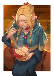  1girl blue_capelet blue_robe bowl braid capelet chopsticks closed_eyes crystalreydraws dungeon_meshi eating elf food highres holding holding_bowl holding_chopsticks light_blush marcille_donato multiple_braids noodles pointy_ears robe sitting solo twitter_username 
