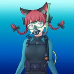  animal_ears black_wetsuit bodysuit bow braid cat_ears diving diving_mask diving_regulator diving_suit goggles hair_bow highres hose isaki_(gomi) kaenbyou_rin red_eyes red_hair scuba scuba_gear simple_background snorkel strap submerged touhou twin_braids two-tone_bodysuit underwater wetsuit 