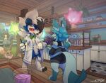 2024 ambiguous_gender anthro beverage biped bottomwear bow_tie cafe claws clothed clothing dialogue digitigrade doctor_noc eevee eeveelution feral finger_claws generation_1_pokemon generation_4_pokemon generation_5_pokemon generation_7_pokemon gingy_k_fox glaceon jacket lucario lycanroc midnight_lycanroc minior nintendo pokemon pokemon_(species) pokemon_mystery_dungeon quadruped shaded shirt shorts signature toe_claws topwear zoroark