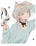  1girl ahoge animal_ears bang_dream! bang_dream!_it&#039;s_mygo!!!!! black_choker blue_eyes blue_shirt blush border cat_ears choker closed_mouth collarbone commentary earrings grey_hair hand_up heterochromia highres jewelry kaname_raana long_sleeves love8evill paw_print ribbon_choker shirt short_hair sleeves_past_elbows solo v white_border yellow_eyes 