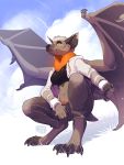  2019 anthro breasts chest_tuft chiropteran clothed clothing female fur grey-headed_flying_fox hair kyander mammal membranous_wings midriff navel outside pteropodid short_hair smile solo toes tuft wings 