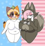 absurd_res anthro blush bovid breasts calico_cat caprine cheezborger_(chikn_nuggit) chikn_nuggit cofi_(chikn_nuggit) domestic_cat duo felid feline felis female female/female flustered hand_on_breast hi_res looking_at_viewer mammal sheep side_by_side thespeedyraisin