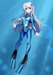  belt belt_buckle blue_eyes blue_wetsuit bodysuit breasts buckle commission diving_suit flippers flower hair_flower hair_ornament highres kamabokopic long_hair looking_at_viewer original potion simple_background skeb_commission small_breasts smile weight_belt wetsuit white_hair 