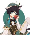  1boy absurdres animal_ears apple beret bishounen black_hair blue_eyes braid cat_boy cat_ears cat_tail cowboy_shot fangs food fruit genshin_impact ghost_(tama) hat highres male_focus neck_ribbon ribbon short_hair shorts simple_background sitting slit_pupils solo tail thighhighs twin_braids venti_(genshin_impact) white_thighhighs 