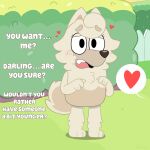 absurd_res anthro bluey_(series) blush canid canine canis chow_chow dialogue digital_media_(artwork) domestic_dog english_text female fur grass hair hi_res male mammal nebula642 plant solo spitz tail text wendy_(bluey)