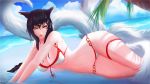  ahri animal_ears bikini black_hair blue_sky breasts closed_mouth cloud day facial_mark fox_ears fox_tail highres large_breasts league_of_legends lips long_hair looking_at_viewer mcdobo multiple_tails sky smile solo swimsuit tail thigh_strap water wet whisker_markings yellow_eyes 