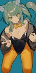  absurdres animal_ears bare_shoulders blue_background bow breasts cat_ears cat_girl cat_tail cleavage ghost_(tama) green_eyes green_hair highres jacket looking_at_viewer open_mouth original side_ponytail simple_background small_breasts tail v yellow_bow 