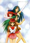  1990s_(style) 4girls arm_up blue_eyes blue_hair blue_headwear brown_hair crossed_arms elbow_gloves expressionless gloves green_eyes hat highres kagayake!_kirakira_senshi_risky_jewel long_hair looking_at_viewer miniskirt multicolored_hair multiple_girls non-web_source official_art open_mouth page_number peaked_cap pink_skirt pleated_skirt red_hair red_headwear retro_artstyle short_hair skirt smile white_gloves 