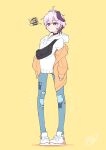  1girl absurdres animal_print cat_print commentary denim earrings fanny_pack flower_(vocaloid) flower_(vocaloid4) frown full_body highres hood hoodie jacket jeans jewelry kinosuke_(pattaba) multicolored_hair notice_lines off_shoulder open_clothes open_jacket orange_jacket pants patchwork_clothes pigeon-toed purple_eyes purple_hair shoes short_hair signature simple_background sleeves_past_wrists sneakers solo squiggle standing streaked_hair vocaloid white_hoodie white_sneakers yellow_background 