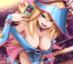  1girl bare_shoulders between_fingers blonde_hair blue_footwear blue_headwear blush_stickers boots breasts card card_between_fingers choker cleavage dark_magician_girl duel_monster fang feet_out_of_frame green_eyes hat highres holding holding_card holding_wand large_breasts long_hair looking_at_viewer nipple_slip nipples nm_(tshell2761) open_mouth pentacle skin_fang solo tongue tongue_out wand wizard_hat yu-gi-oh! 