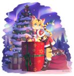 alpha_channel anthro aurora_(phenomenon) biped christmas christmas_clothing christmas_present christmas_tree clothed clothing felid female gift hair hi_res holidays mammal mia_(world_flipper) pantherine plant raised_tail red_clothing smile solo sunnynoga tail tiger tree world_flipper