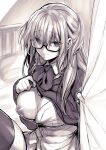  1girl blush bow bowtie breasts closed_mouth glasses greyscale highres large_breasts long_hair looking_at_viewer monochrome nipples one_breast_out original sitting smile solo sweater_vest takatsuki_ichi thighhighs thighs 