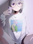  1girl black_shorts cellphone closed_mouth glasses grey_hair highres holding holding_phone indian_style ine_(vtuber) long_hair long_sleeves looking_at_viewer phone ponytail print_shirt purple_eyes round_eyewear shirt short_shorts shorts sitting smartphone sobayaki18 solo virtual_youtuber waktaverse white_shirt 