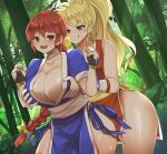  blonde_hair blue_dress breasts cleavage dead_or_alive dress final_fight genryuusai_maki grabbing grabbing_another&#039;s_breast groping highres kasumi_(doa) large_breasts non-web_source orein pelvic_curtain red_dress thighs 