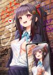  1girl 1other :d absurdres black_hair black_jacket blazer blue_bow blue_bowtie bow bowtie breasts cellphone commentary_request facial_mark graffiti hair_intakes hair_ornament hairclip highres holding holding_phone honkai:_star_rail honkai_(series) jacket looking_at_viewer open_clothes open_jacket open_mouth phone pink_eyes royboy shirt sidelocks small_breasts smartphone smile solo_focus sparkle_(honkai:_star_rail) speech_bubble twintails upper_body white_shirt 