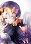  abigail_williams_(fate/grand_order) black_dress black_hat blonde_hair blue_eyes blush bow commentary_request dress eyebrows_visible_through_hair eyes_visible_through_hair fate/grand_order fate_(series) frilled_sleeves frills hane_yuki hat highres keyhole long_hair looking_at_viewer object_hug orange_bow parted_lips polka_dot polka_dot_bow sleeves_past_fingers sleeves_past_wrists solo stuffed_animal stuffed_toy teddy_bear very_long_hair 