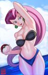  1girl beach bikini black_bikini blue_eyes breasts calvin_sims cloud earrings highres jessie_(pokemon) jewelry large_breasts lipstick long_hair makeup poke_ball pokemon purple_hair sky solo swimsuit water 