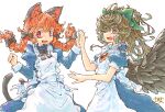 2girls animal_ears bird_wings black_bow black_bowtie bow bowtie braid brown_hair cat_ears cat_tail commentary_request green_bow hair_bow highres juliet_sleeves kaenbyou_rin long_hair long_sleeves looking_at_viewer maid multiple_girls multiple_tails open_mouth puffy_sleeves purple_hair red_eyes red_hair reiuji_utsuho short_hair short_sleeves signature simple_background tail third_eye touhou twin_braids two_tails white_background wings yamasina009 