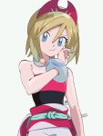  1girl :/ bare_shoulders blonde_hair blue_eyes hairband highres irida_(pokemon) jewelry looking_at_viewer miyahara_takuya neck_ring pokemon pokemon_legends:_arceus red_hairband shirt short_hair solo strapless strapless_shirt upper_body 