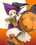  1girl atelier-moo belt blonde_hair boots breasts cloak closed_mouth curtained_hair from_below giselle_theresia green_eyes hair_between_eyes halloween hat lasting_anthem short_hair skirt smile solo staff thighs witch witch_hat 