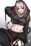  1girl absurdres antenna_hair antennae arknights asymmetrical_legwear breasts collar demon_horns demon_tail fangs grey_hair highres hood hoodie horns long_sleeves looking_at_viewer myb52 navel red_eyes red_nails short_hair sitting sleeves_past_wrists smile solo tail tongue tongue_out w_(arknights) 