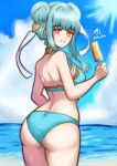  1girl alternate_costume alternate_hairstyle ass back bikini blue_bikini blue_hair breasts commentary double_bun english_commentary fire_emblem fire_emblem:_the_blazing_blade fire_emblem_heroes food hair_bun highres ice_cream looking_at_viewer ninian_(fire_emblem) red_eyes rotomdocs small_breasts smile swimsuit 