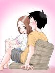  1boy 1girl absurdres black_hair black_shorts blue_shorts blush brown_eyes brown_hair chair commentary_request hatomugi_(user_datj4345) highres karakai_jouzu_no_takagi-san nishikata open_mouth plaid shirt shorts sitting smile surprised t-shirt takagi-san white_shirt yellow_shirt 