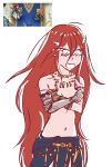  1girl blush bracelet breast_hold breasts cosplay embarrassed feathers fire_emblem fire_emblem:_kakusei fire_emblem_heroes flat_chest gauntlets hawkeye_(fire_emblem) hawkeye_(fire_emblem)_(cosplay) jewelry leg_armor long_hair necklace open_mouth red_eyes red_hair shirtless shocked shocked_eyes small_breasts sweatdrop tiamo very_long_hair 