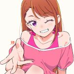  1girl bare_shoulders brown_hair earrings highres hijiri_ageha hirogaru_sky!_precure jewelry long_hair looking_at_viewer miyahara_takuya off-shoulder_shirt off_shoulder one_eye_closed pink_shirt precure purple_eyes shirt smile solo stud_earrings upper_body 