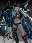  1girl abs arbiter_strength_viii_(azur_lane) armor armored_boots azur_lane black_armor black_buruma blue_armor boots breasts buruma chain closed_mouth colored_skin commentary_request cross_scar expressionless feet_out_of_frame gauntlets grey_eyes grey_hair grey_skin highres large_breasts long_hair looking_at_viewer muscular muscular_female navel pauldrons scar scar_on_leg shoulder_armor siren_(azur_lane) solo standing very_long_hair zetsuei_(zetto) 