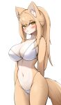  1girl animal_ear_fluff animal_ears animal_nose blonde_hair blush body_fur bra breasts closed_mouth fox_ears fox_girl fox_tail furry furry_female highres jeifier_(korfiorano01) large_breasts long_hair looking_at_viewer navel original panties simple_background snout solo tail two-tone_fur underwear white_bra white_fur white_panties yellow_eyes yellow_fur 