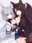  :d akagi_(azur_lane) animal animal_ear_fluff animal_ears asymmetrical_docking azur_lane bangs bird black_gloves black_kimono blue_eyes blue_hakama blush breast_press breasts brown_hair chick closed_mouth collarbone commentary_request dutch_angle eyebrows_visible_through_hair fingernails fox_ears fox_girl fox_tail gloves grey_background hakama hakama_skirt highres holding_hands interlocked_fingers japanese_clothes kaga_(azur_lane) kimono kyuubi looking_at_viewer looking_to_the_side medium_breasts multiple_girls multiple_tails open_mouth orqz red_eyes red_hakama short_kimono silver_hair simple_background smile tail white_kimono 