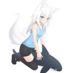 1girl absurdres animal_ear_fluff animal_ears bandaid bandaid_on_cheek bandaid_on_face bare_arms bare_shoulders black_shorts black_thighhighs blue_camisole blue_eyes blush breasts camisole closed_mouth commentary_request fox_ears fox_girl fox_tail full_body hair_between_eyes highres kuronagi_(mitora_uwu) long_hair looking_at_viewer no_shoes original shorts simple_background small_breasts solo stuffed_animal stuffed_shark stuffed_toy tail thighhighs white_background white_hair 